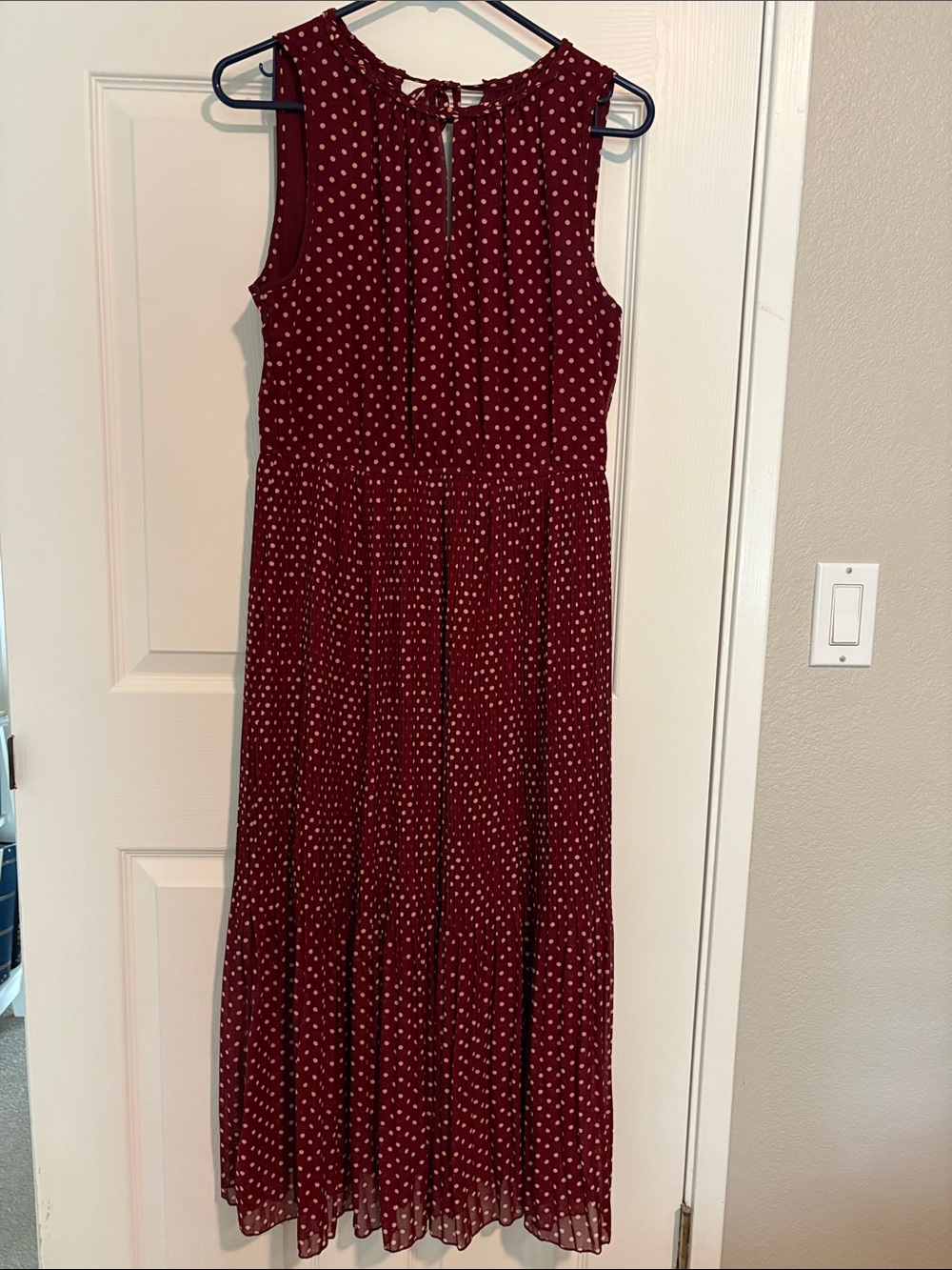 Sleeveless Burgundy Polka Dot Maxi Dress with Smocked Waist